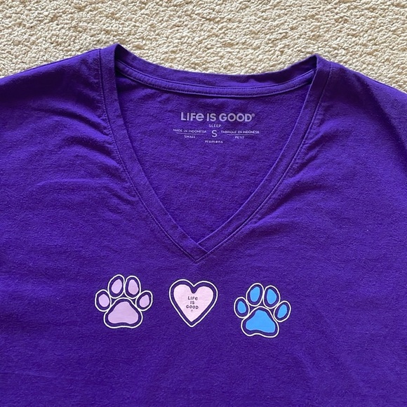 Life Is Good Sleep Tee Dog Lover Tshirt W’s S Purple Dog Print Cotton V Neck Tee - Picture 6 of 8